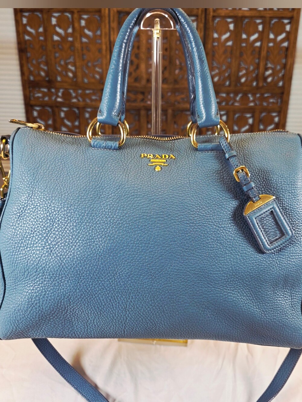 Authentic Prada Vitello Daino Soft Blue Pebbled Leather Top Handle Handbag